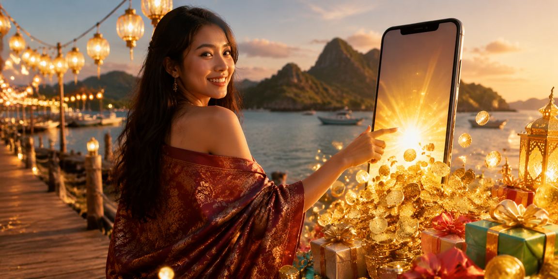 Pengguna mengakses platform casino mobile di tepi pantai dengan tampilan antarmuka yang modern